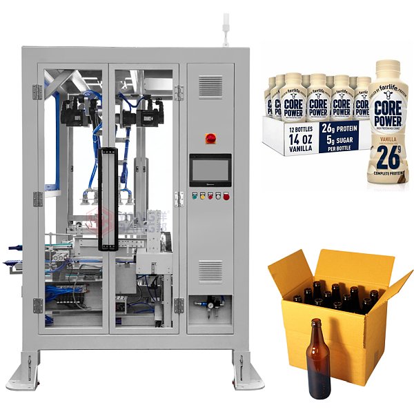 Machine automatique de mise en caisse de bouteilles de boissons, de bière et de vin avec bras robotisé de prise et de dépose