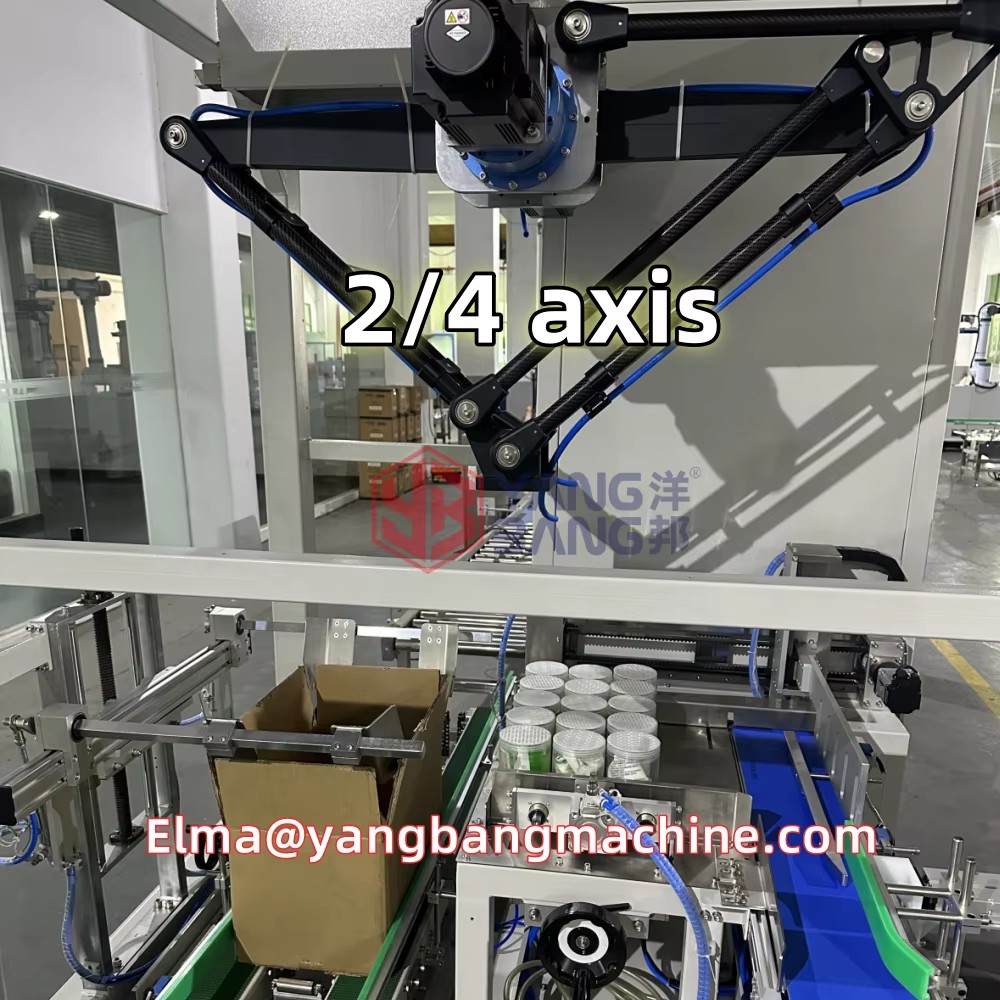 34c30cff-bd2c-4e09-9486-2459f0ec87ec Machine automatique de mise en caisse de bouteilles de boissons, de bière et de vin avec bras robotisé de prise et de dépose