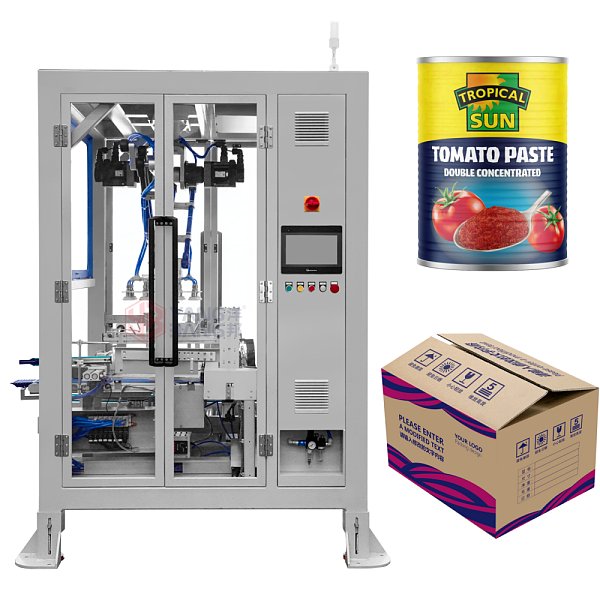 Machine automatique de mise en carton pour boîtes métalliques avec bras robotisé et système de prise et de dépose