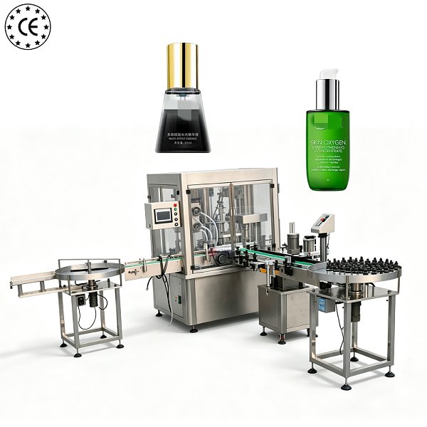 Machine de remplissage automatique de liquides en petits flacons à 4 buses de haute précision avec pompe à piston pour huiles essentielles, sérum et e-liquide