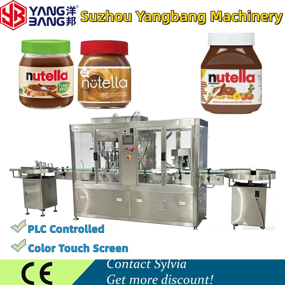 Machine automatique de remplissage et de bouchage de pâte à tartiner au chocolat en bouteilles, haute précision, modèle très demandé, 4 buses de remplissage