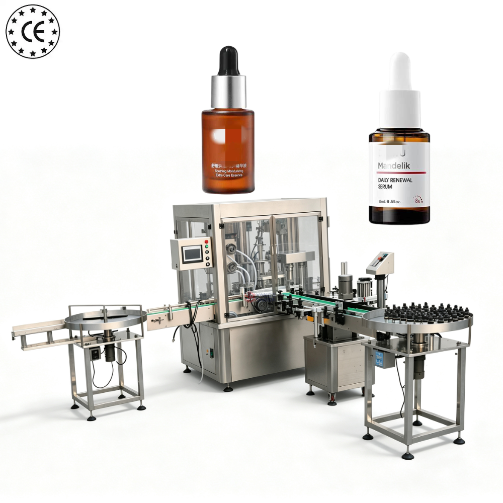 Máquina llenadora lineal fiable de 4 cabezales para aceites esenciales, máquina llenadora de líquidos en botellas de vidrio cosméticas, línea profesional de belleza