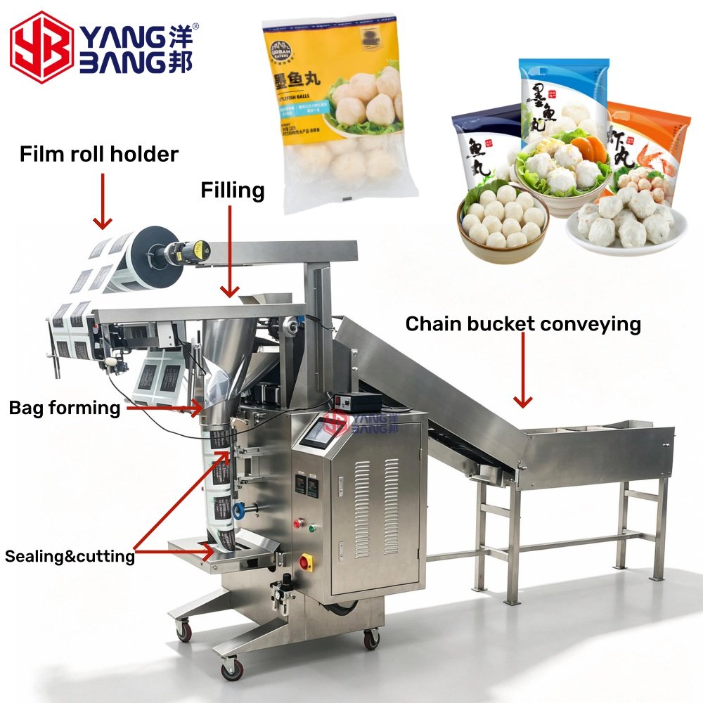 Equipo de formación de bolsas para el envasado automático de productos frescos refrigerados YB-450LD, bolas de sepia y albóndigas de carne fresca, con pantalla táctil