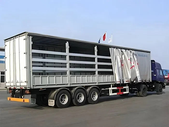 Semi-remorque à rideaux latéraux en PVC pour conteneur maritime, à 3 essieux