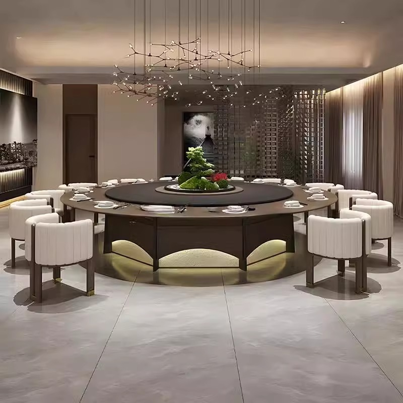 Beijiang Solid Wood Round Table Electric Dining Table Restaurant Light Luxury High end New Chinese Rock Plate Dining Table Restaurant Furniture