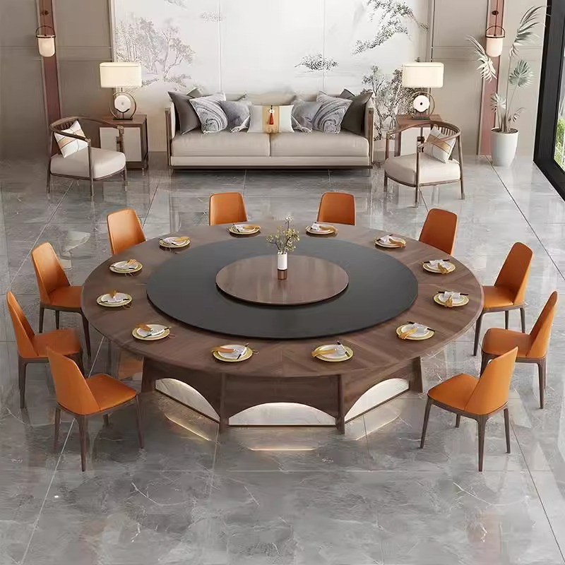 Beijiang Solid Wood Round Table Electric Dining Table Restaurant Light Luxury High end New Chinese Rock Plate Dining Table Restaurant Furniture