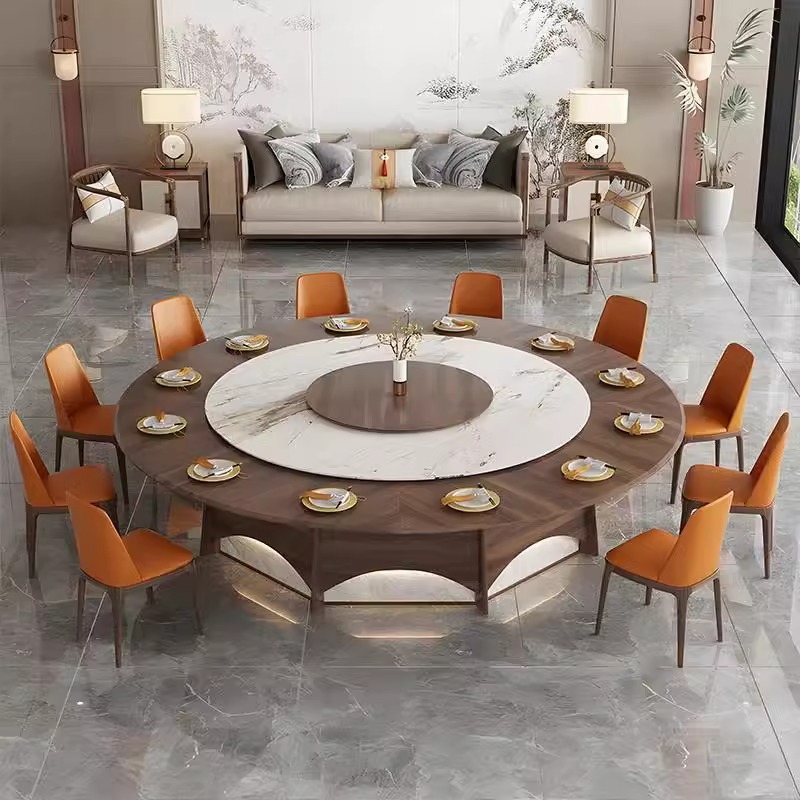 Beijiang Solid Wood Round Table Electric Dining Table Restaurant Light Luxury High end New Chinese Rock Plate Dining Table Restaurant Furniture