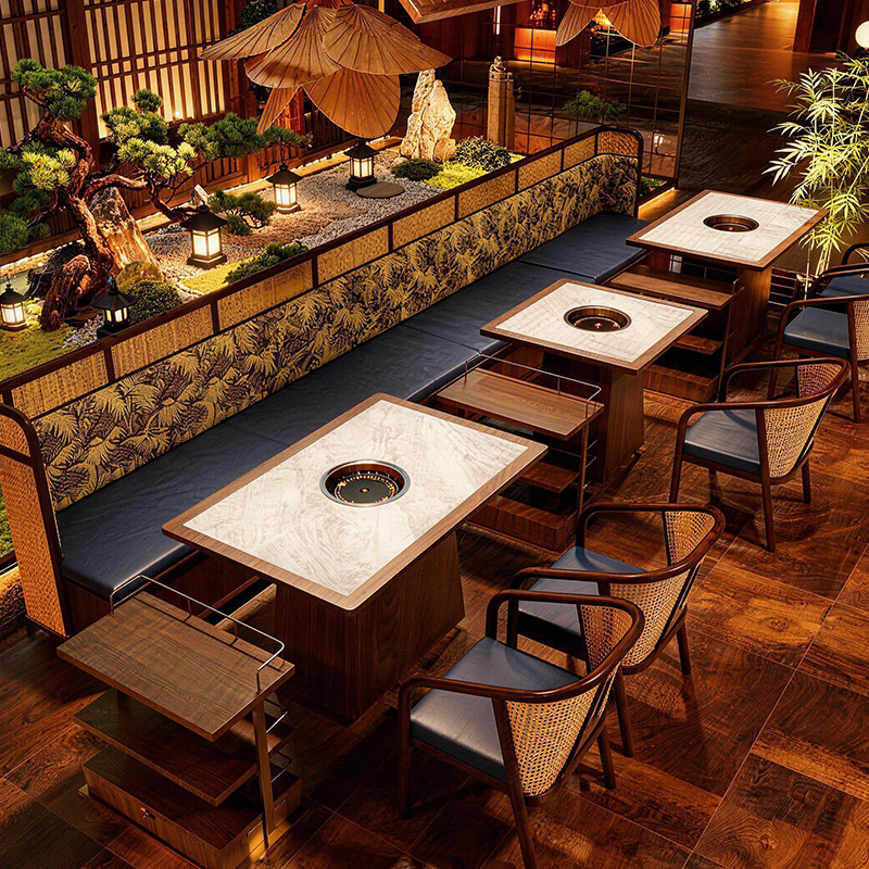 Solid wood Southeast Asian style wall mounted booth, sofa, table and chair combination, themed restaurant, barbecue and hotpot restaurant, cuisine restaurant, dining table