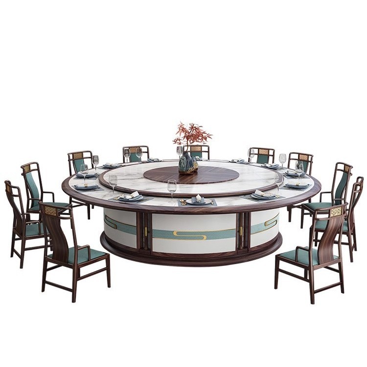 Hotel's new Chinese style electric dining table with induction cooker, restaurant's solid wood tables and chairs, club's rock board table, ebony wood large round table