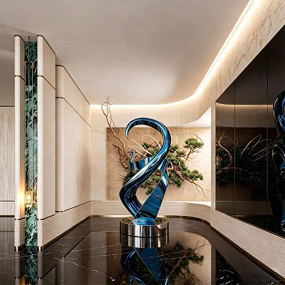 Customized electroplated blue mirror stainless steel twisted ribbon modern sculpture relief printing large floor standing statue