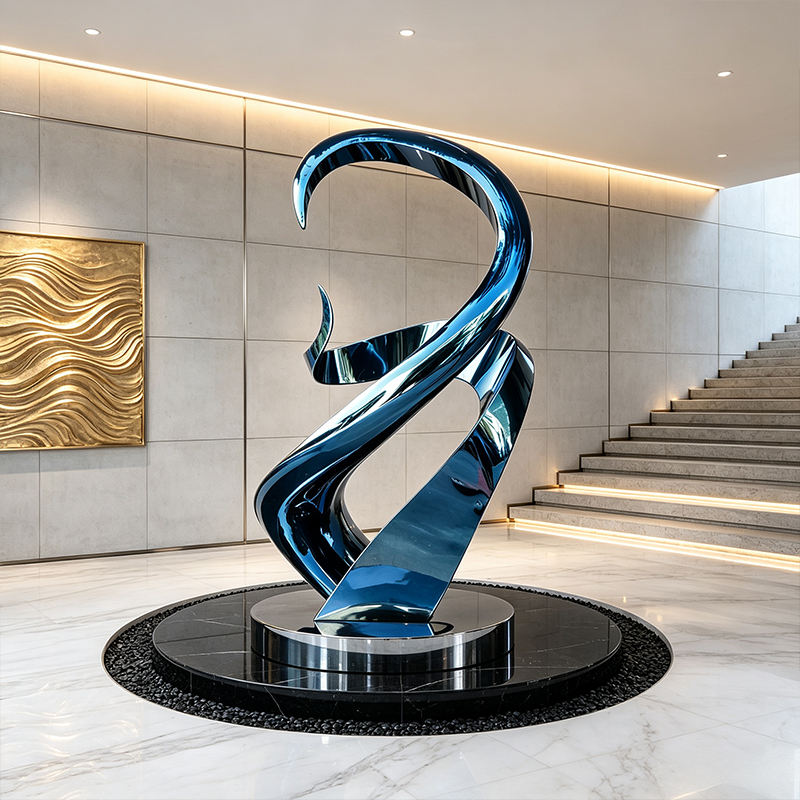 Customized electroplated blue mirror stainless steel twisted ribbon modern sculpture relief printing large floor standing statue