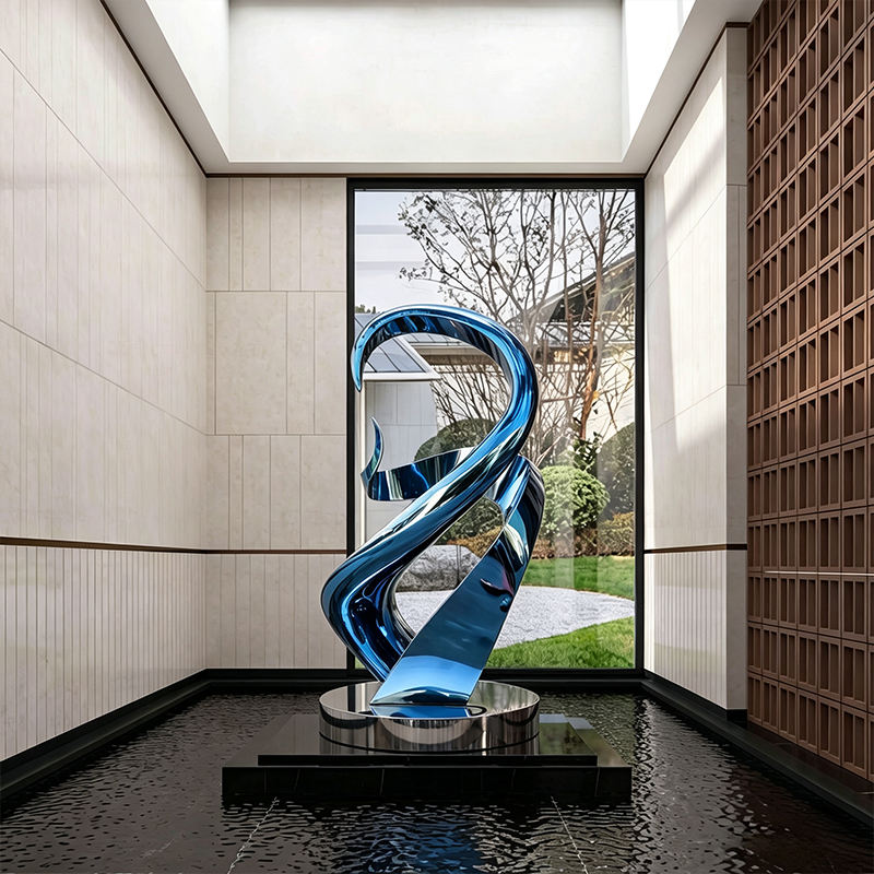 Customized electroplated blue mirror stainless steel twisted ribbon modern sculpture relief printing large floor standing statue
