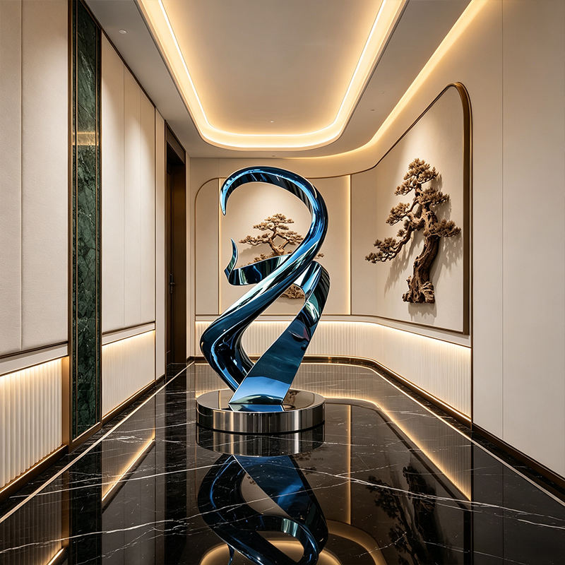 Customized electroplated blue mirror stainless steel twisted ribbon modern sculpture relief printing large floor standing statue