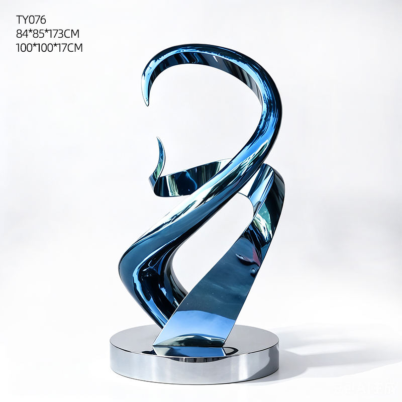 Customized electroplated blue mirror stainless steel twisted ribbon modern sculpture relief printing large floor standing statue