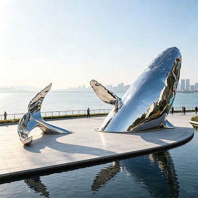 Customized modern mirror polished stainless steel whale sculpture outdoor waterfront park landscape decoration gift