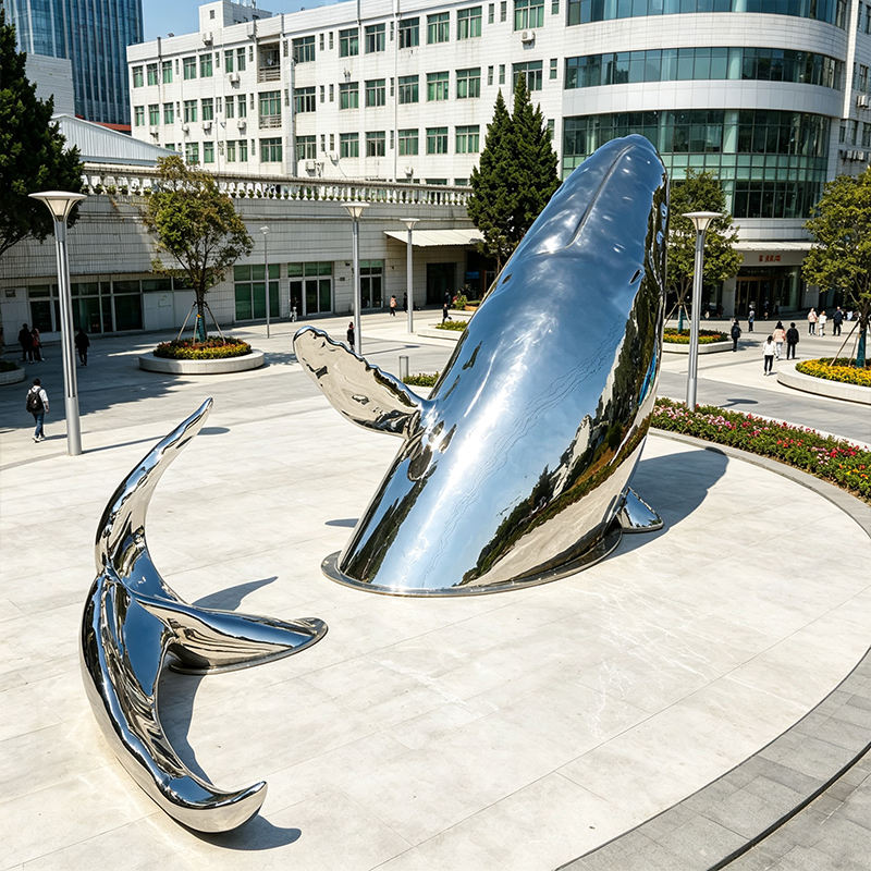 Customized modern mirror polished stainless steel whale sculpture outdoor waterfront park landscape decoration gift