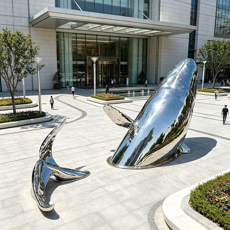 Customized modern mirror polished stainless steel whale sculpture outdoor waterfront park landscape decoration gift