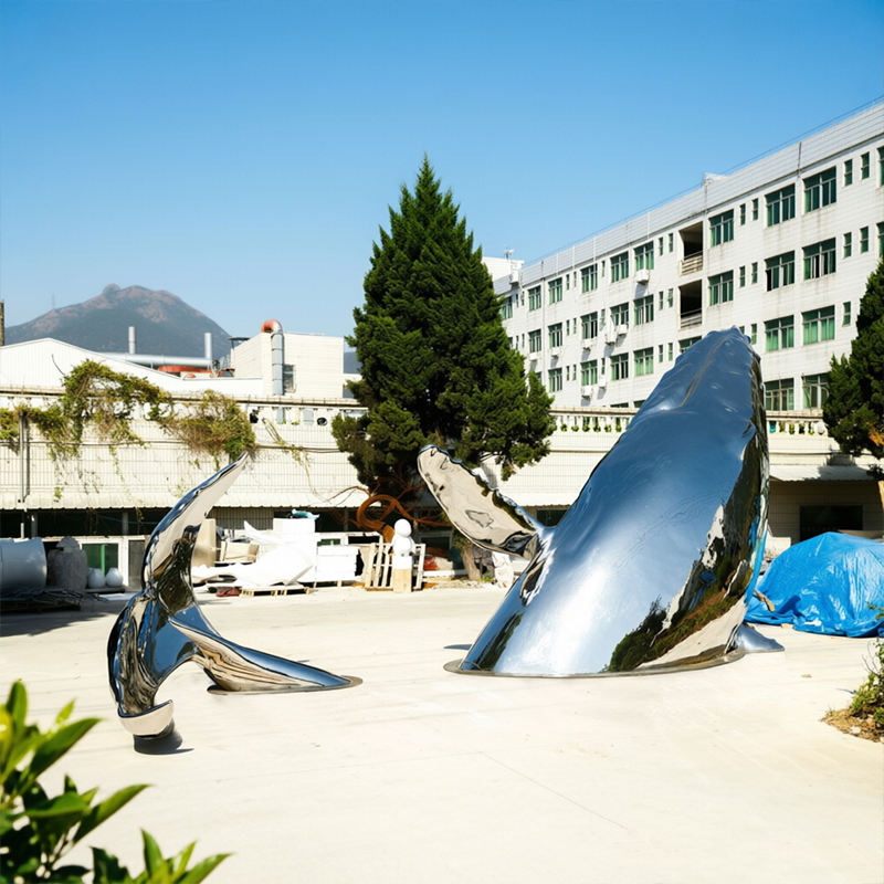 Customized modern mirror polished stainless steel whale sculpture outdoor waterfront park landscape decoration gift