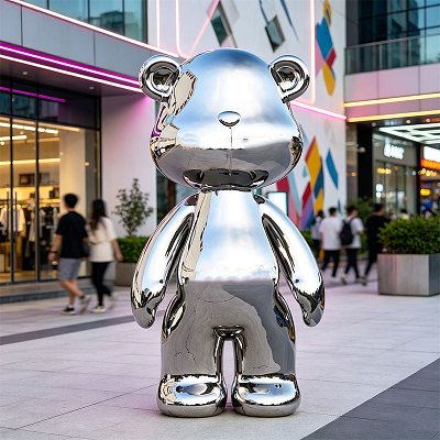Customized Large Mirror-Finished Stainless Steel Painted Bear Statue Modern Art Collection for Mall Outdoor Landscaping
