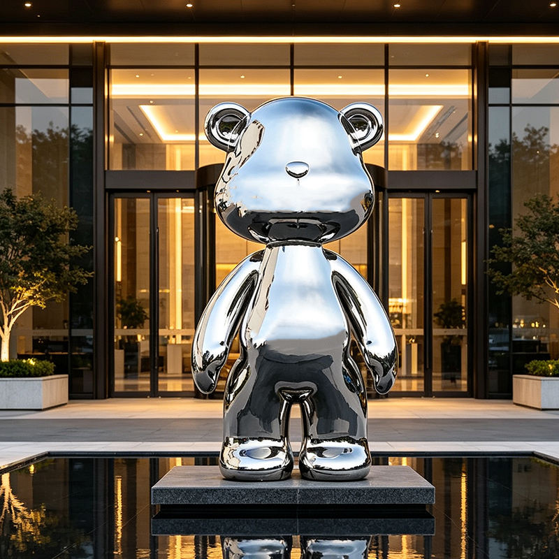 Customized Large Mirror-Finished Stainless Steel Painted Bear Statue Modern Art Collection for Mall Outdoor Landscaping