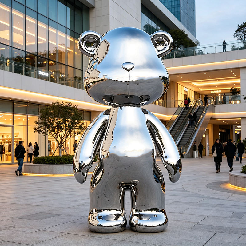 Customized Large Mirror-Finished Stainless Steel Painted Bear Statue Modern Art Collection for Mall Outdoor Landscaping