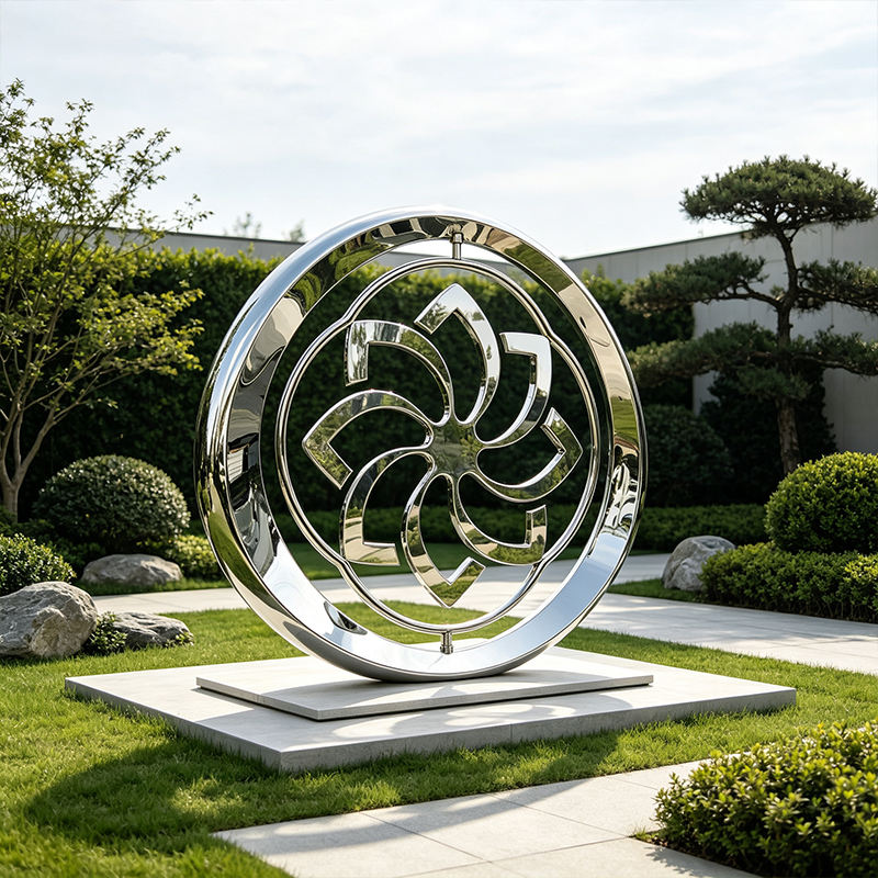Custom Painted Stainless Steel Round Flower Sculpture, Relief Printing, Large Modern Art Collectible, Outdoor Garden Landscape