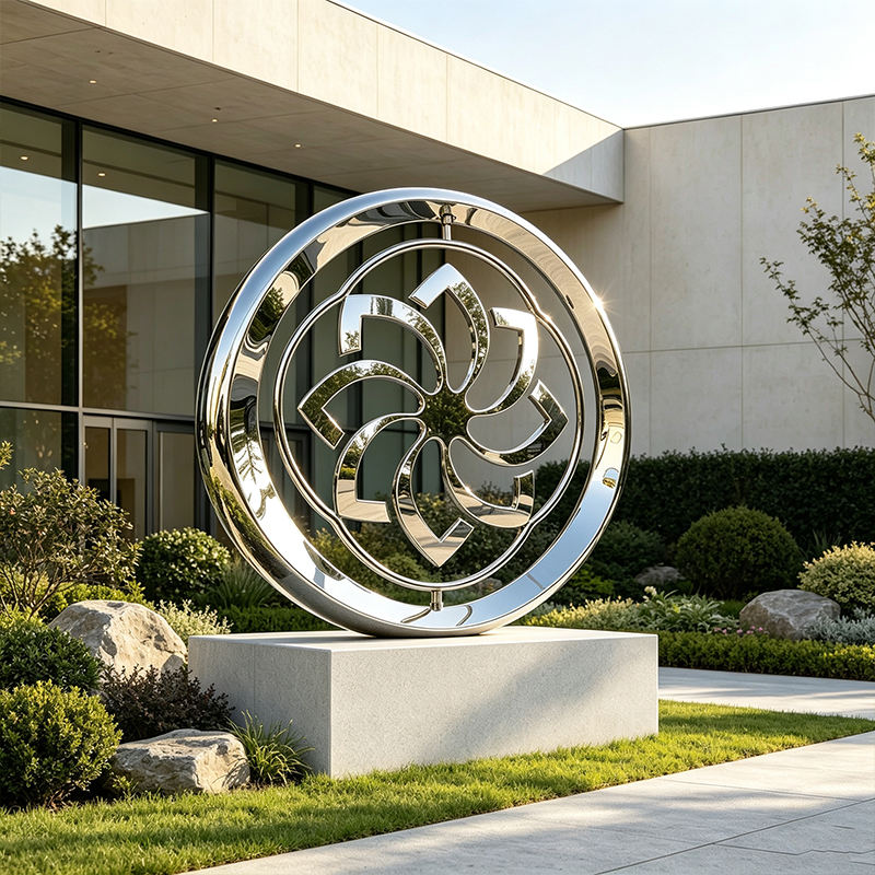 Custom Painted Stainless Steel Round Flower Sculpture, Relief Printing, Large Modern Art Collectible, Outdoor Garden Landscape