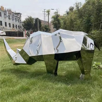 Landscape Grand Floor Mirror Abstract Animal Decoration Craft Funiu Stainless Steel Block Rhinoceros Sculpture