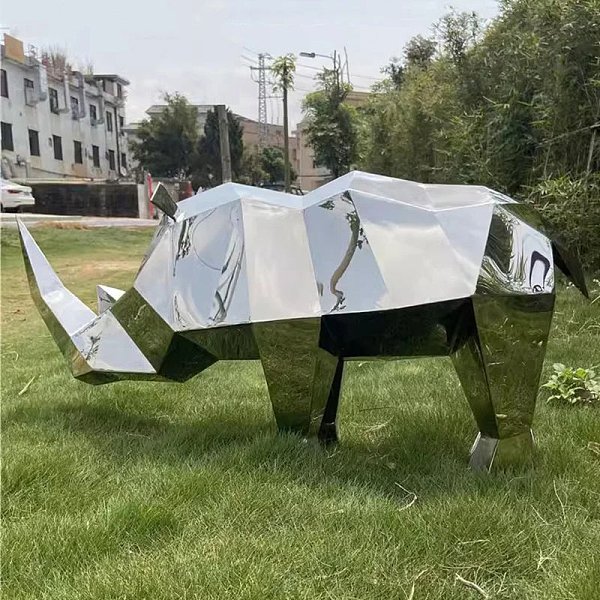 Landscape Grand Floor Mirror Abstract Animal Decoration Craft Funiu Stainless Steel Block Rhinoceros Sculpture