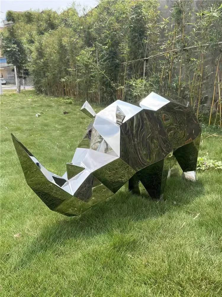 Landscape Grand Floor Mirror Abstract Animal Decoration Craft Funiu Stainless Steel Block Rhinoceros Sculpture