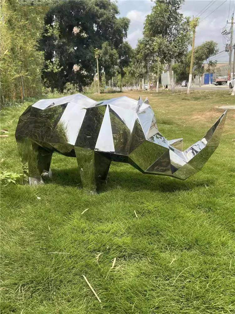 Landscape Grand Floor Mirror Abstract Animal Decoration Craft Funiu Stainless Steel Block Rhinoceros Sculpture