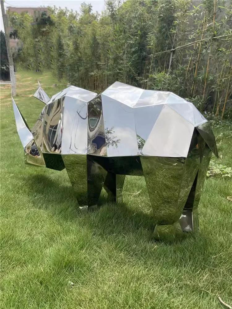 Landscape Grand Floor Mirror Abstract Animal Decoration Craft Funiu Stainless Steel Block Rhinoceros Sculpture