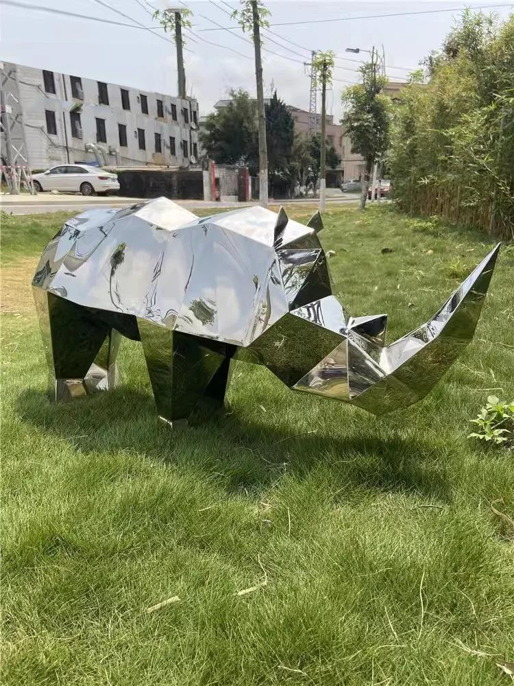 Landscape Grand Floor Mirror Abstract Animal Decoration Craft Funiu Stainless Steel Block Rhinoceros Sculpture