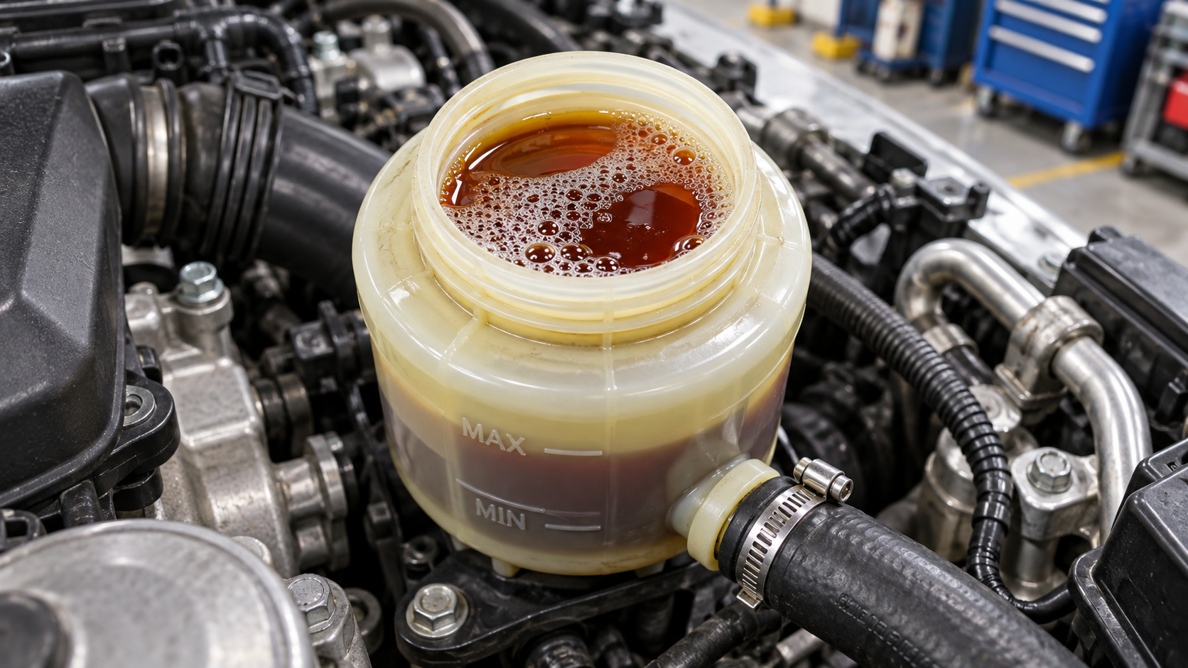 What causes power steering fluid to foam after a fluid change?