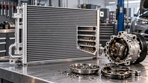 When does compressor failure require replacing the car A/C condenser?