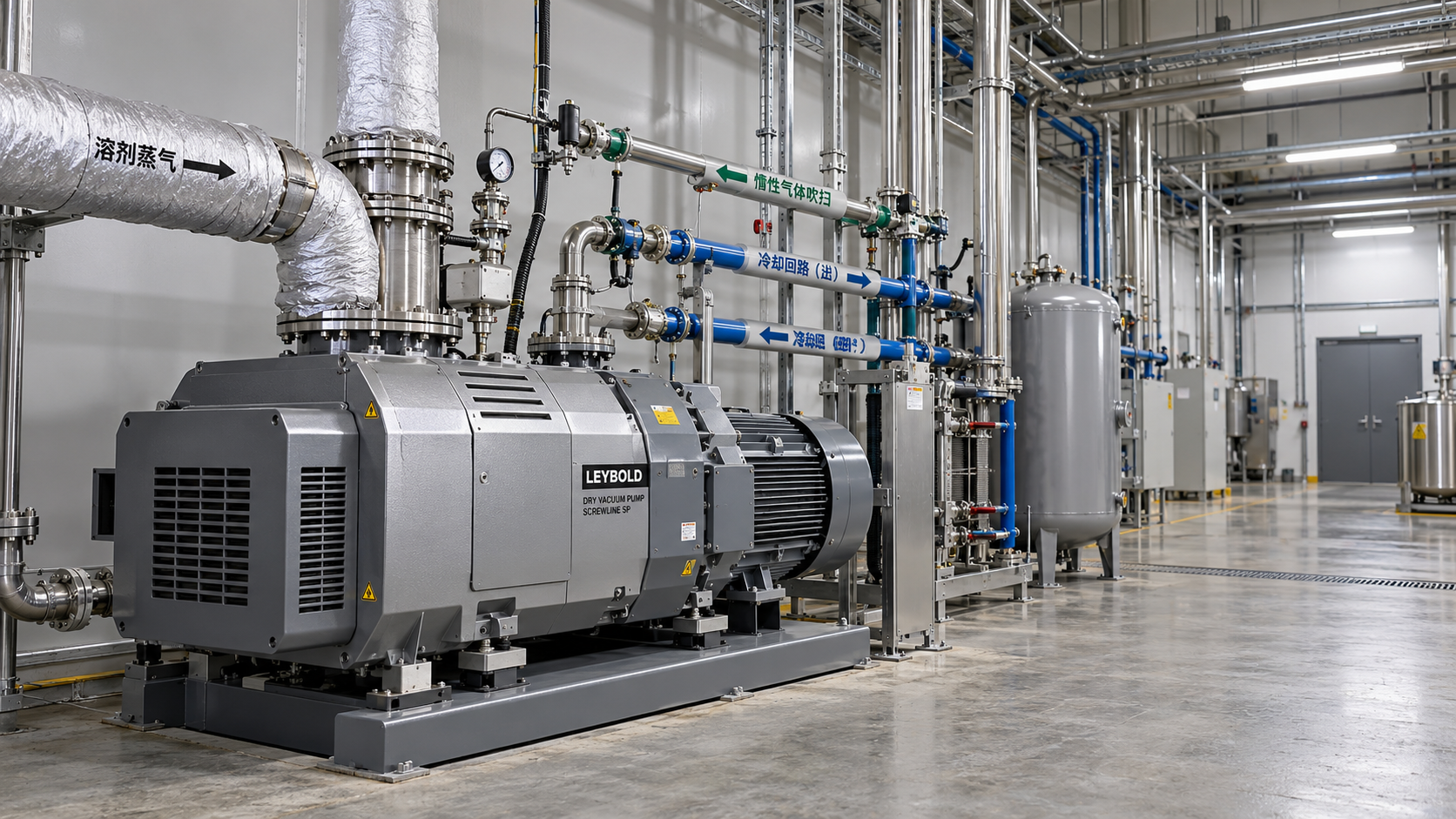 Preventing condensation in dry vacuum pumps handling solvent vapors