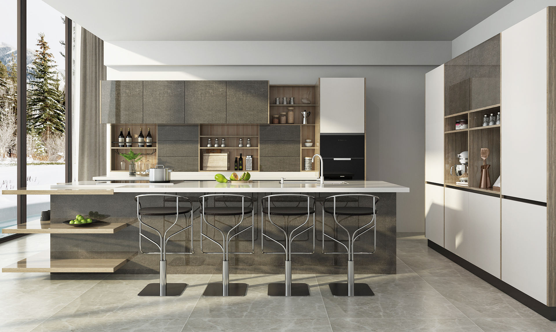 Modern White and Grey Kitchen in Melamine Finish DS21-CG09