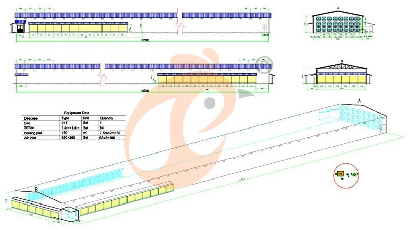 Brooder house,105,300 brooders/house, H5 automatic brooder chicken cage's house drawing