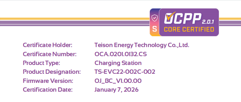 Teison has successfully passed OCA's OCPP 2.0.1 verification.