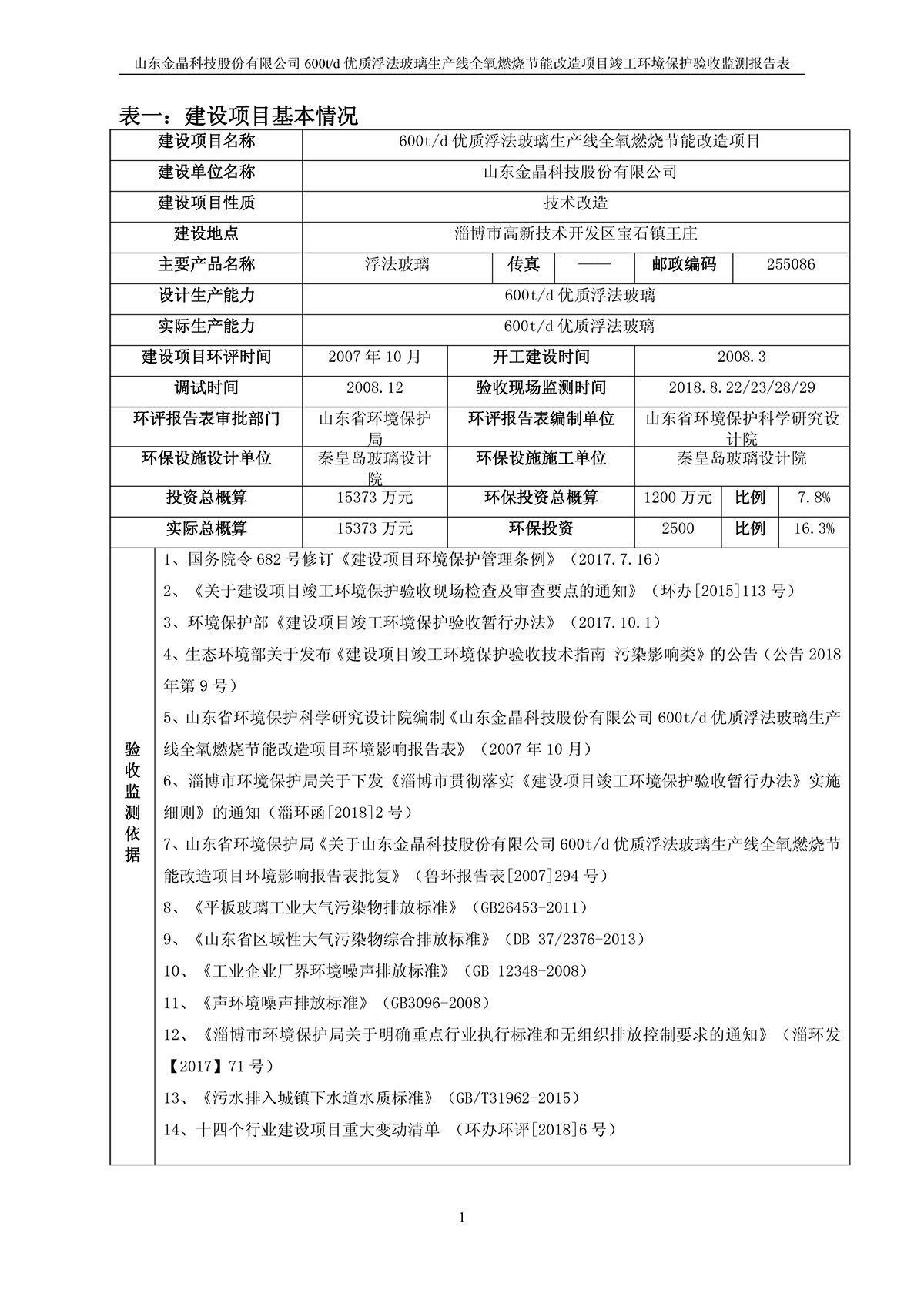600t/d优质浮法玻璃生产线全氧燃烧节能改造项目竣工环境保护验收监测报告公示