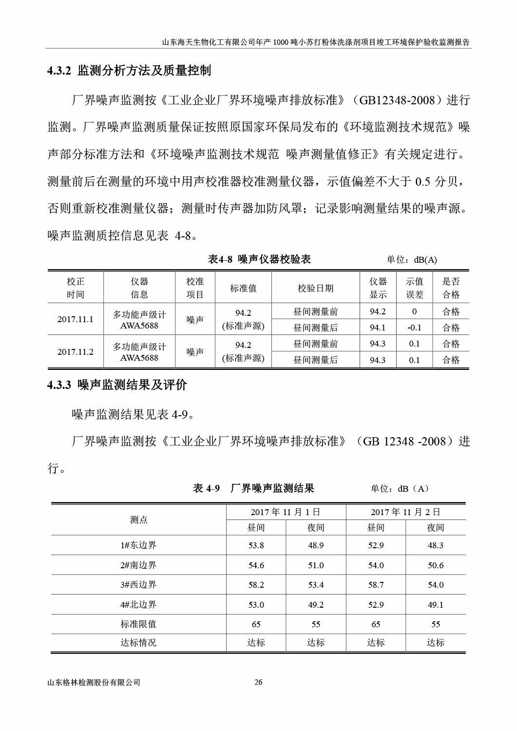 山东海天生物化工有限公司年产1000吨小苏打粉体洗涤剂项目竣工环境保护验收监测报告公示