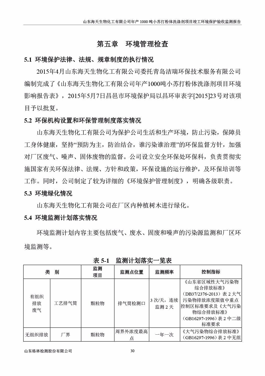 山东海天生物化工有限公司年产1000吨小苏打粉体洗涤剂项目竣工环境保护验收监测报告公示