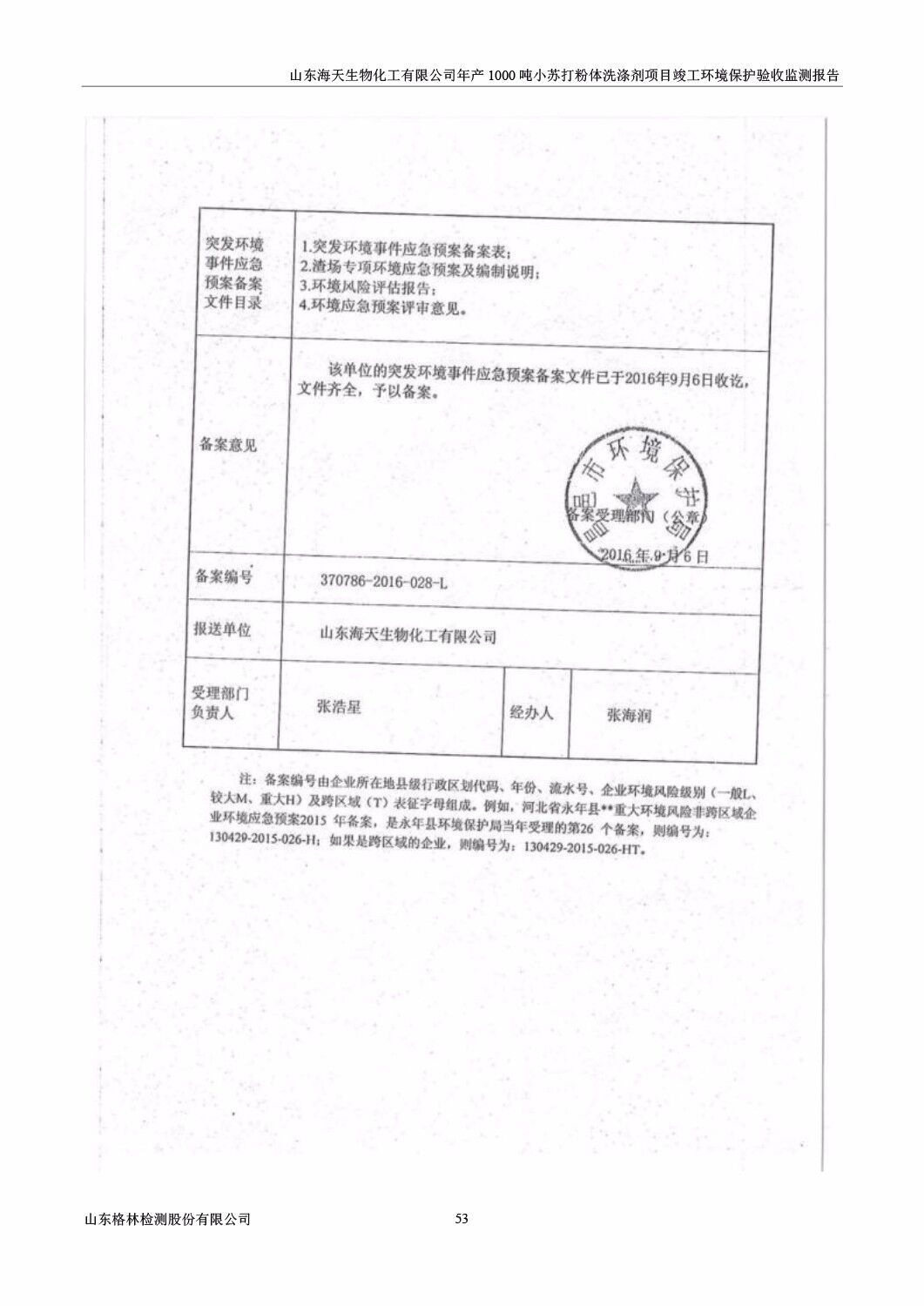山东海天生物化工有限公司年产1000吨小苏打粉体洗涤剂项目竣工环境保护验收监测报告公示