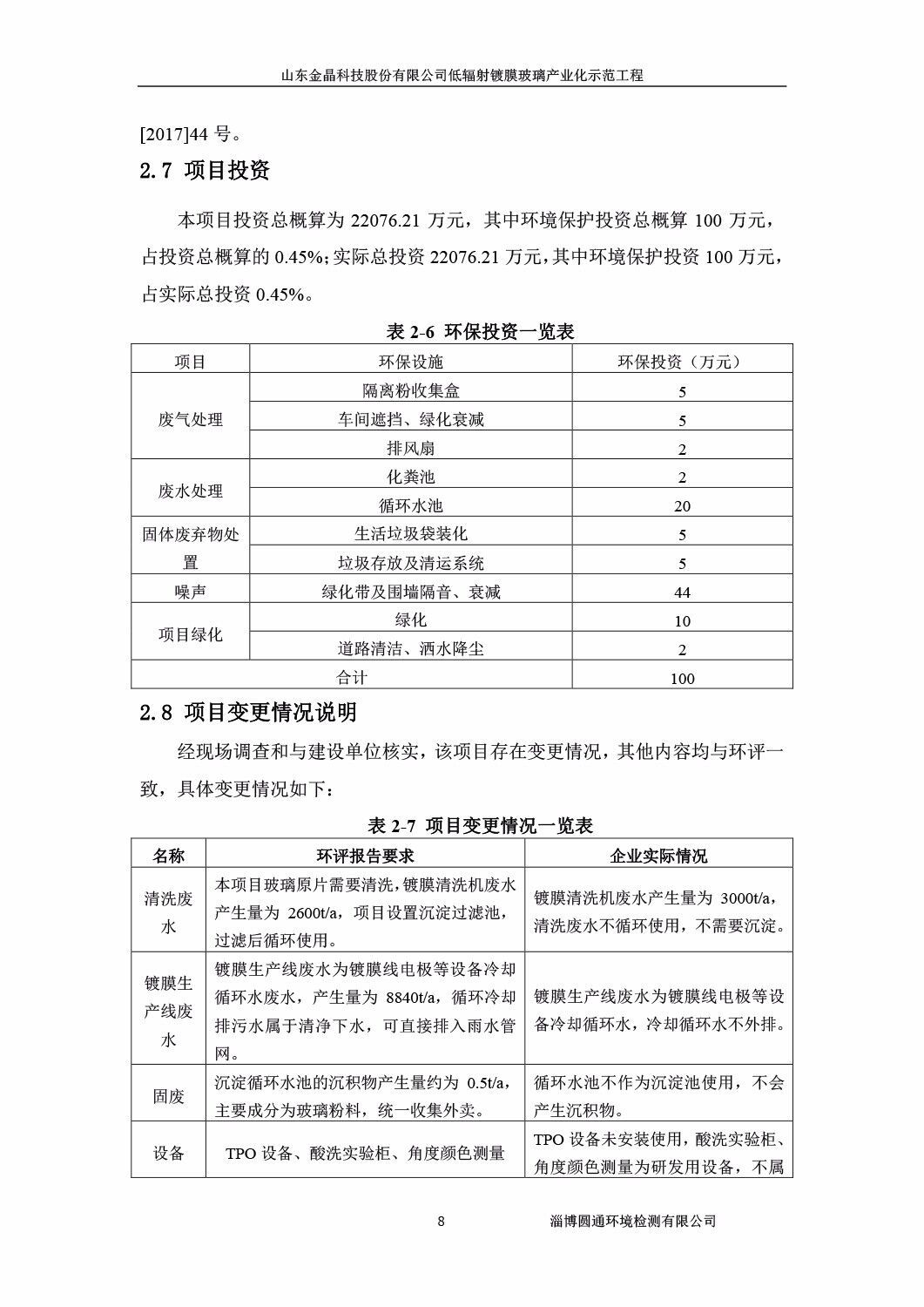山东金晶科技股份有限公司低辐射镀膜玻璃环保验收报告