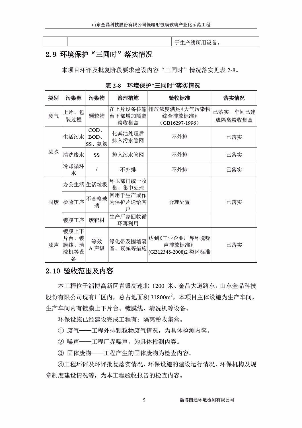 山东金晶科技股份有限公司低辐射镀膜玻璃环保验收报告