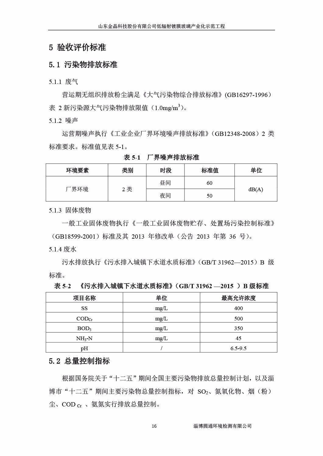山东金晶科技股份有限公司低辐射镀膜玻璃环保验收报告