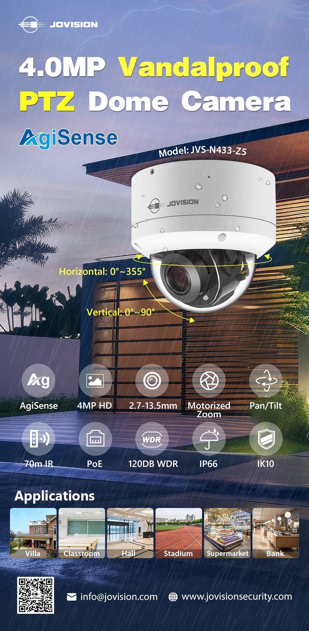 4.0MP Vandal proof PTZ Dome Camera with 5x Motorized Zoom