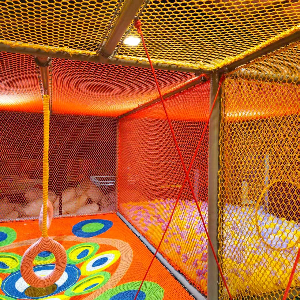 india-playground-colourful-honeycomb-nets Three-Level Indoor Rope Net Playground in India