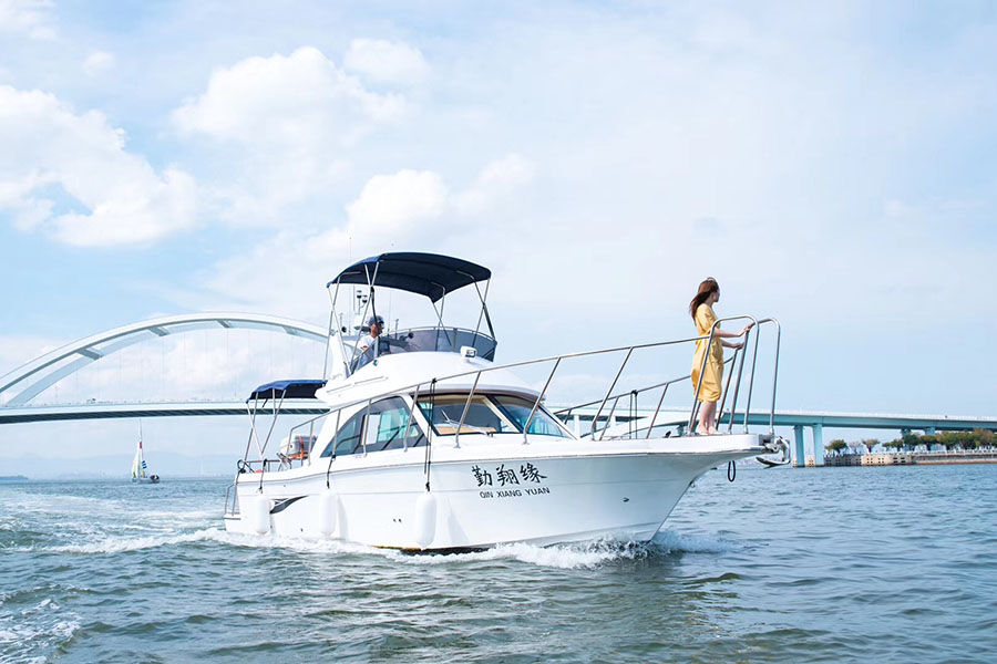 Barco de pesca deportiva de crucero con fly de fibra de vidrio de 36 pies a la venta