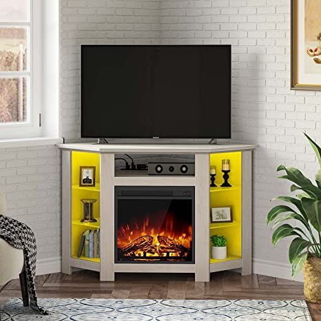 Mueble esquinero para TV con chimenea, centro de entretenimiento para sala de estar, color blanco